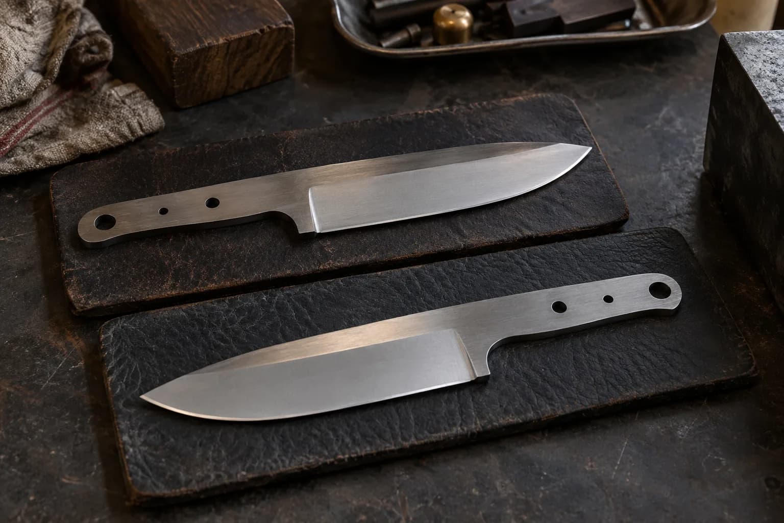 Two satin knife blanks with even flat primary bevels on separate dark leather pads, one reversed end to end, on a worn bench.