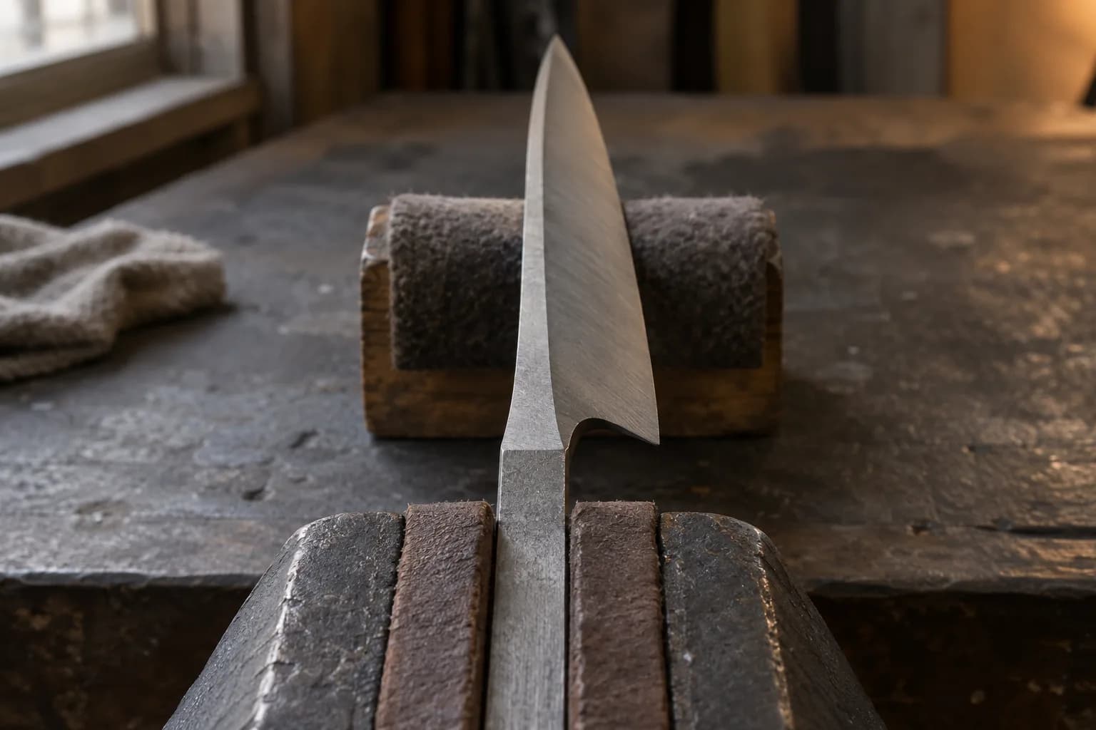 Chef-knife blank clamped by its tang in a padded vise, seen along the spine as it narrows toward the point.
