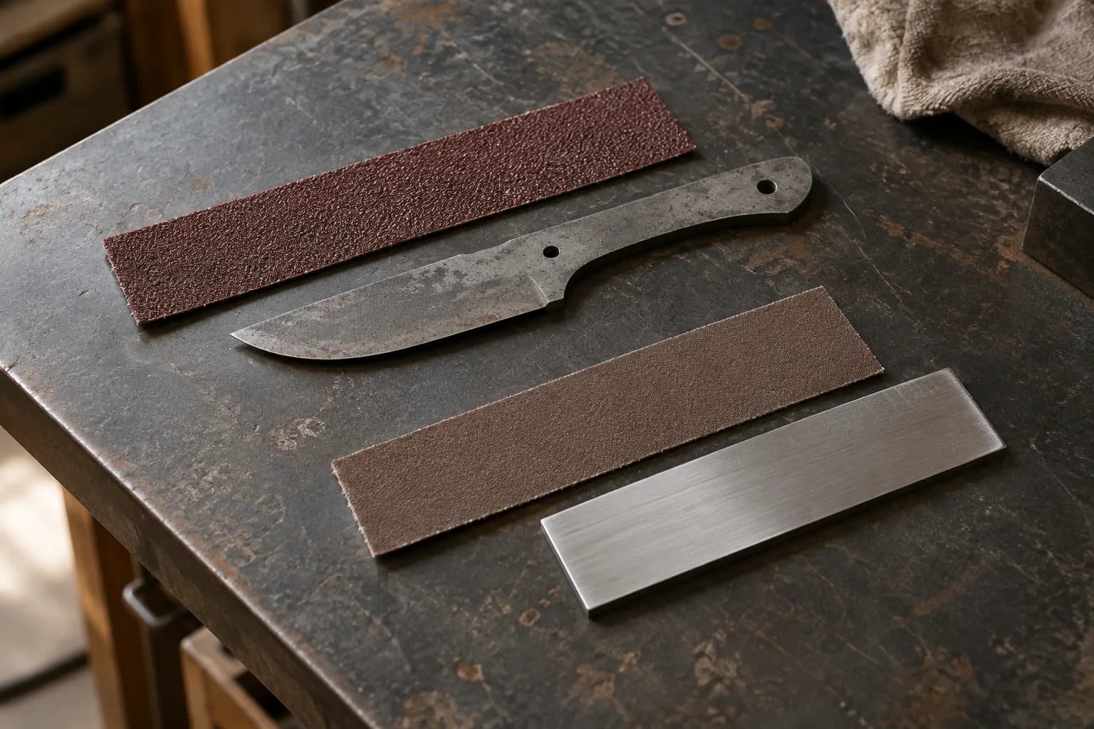 Coarse maroon and fine brown abrasive belt strips beside a rough steel knife blank and a satin-finished steel coupon.