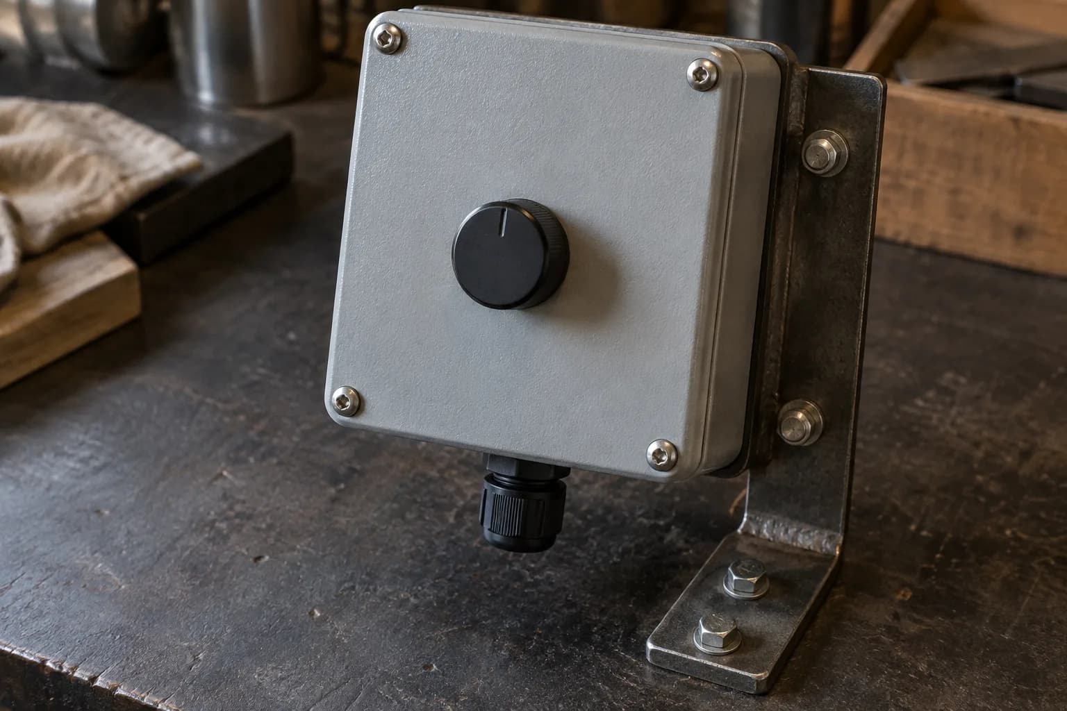 Closed gray variable-speed control box with one black rotary knob, mounted on a steel bracket at a dark workbench.