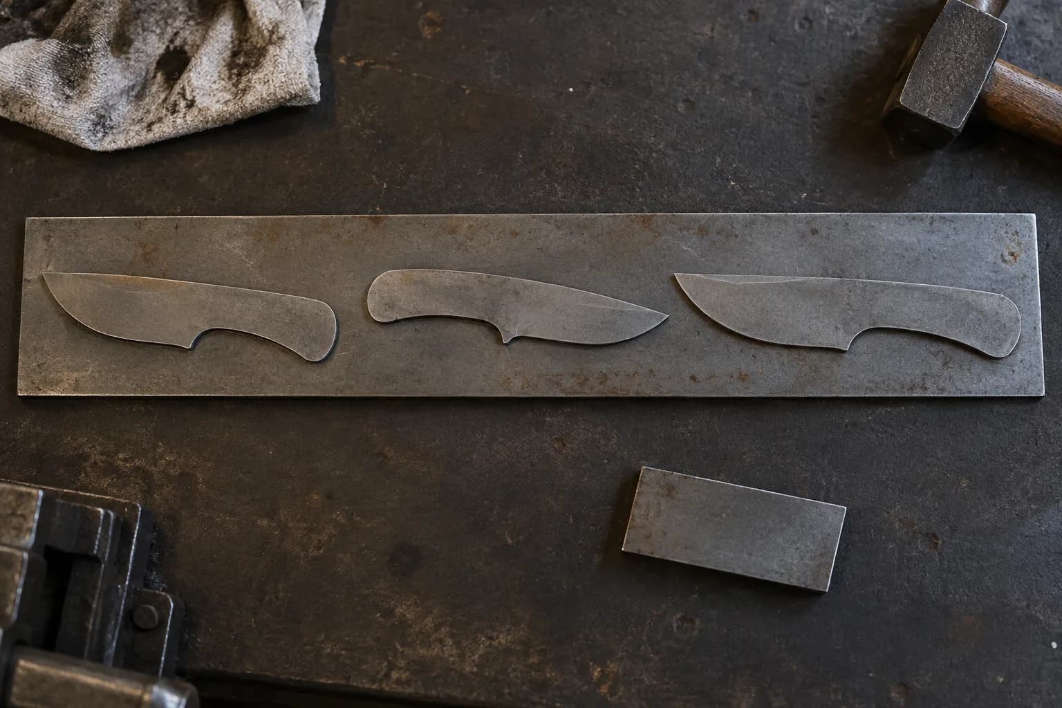 Three unmarked knife-profile templates alternating heel to tip on a flat steel strip, with a small offcut beside it.