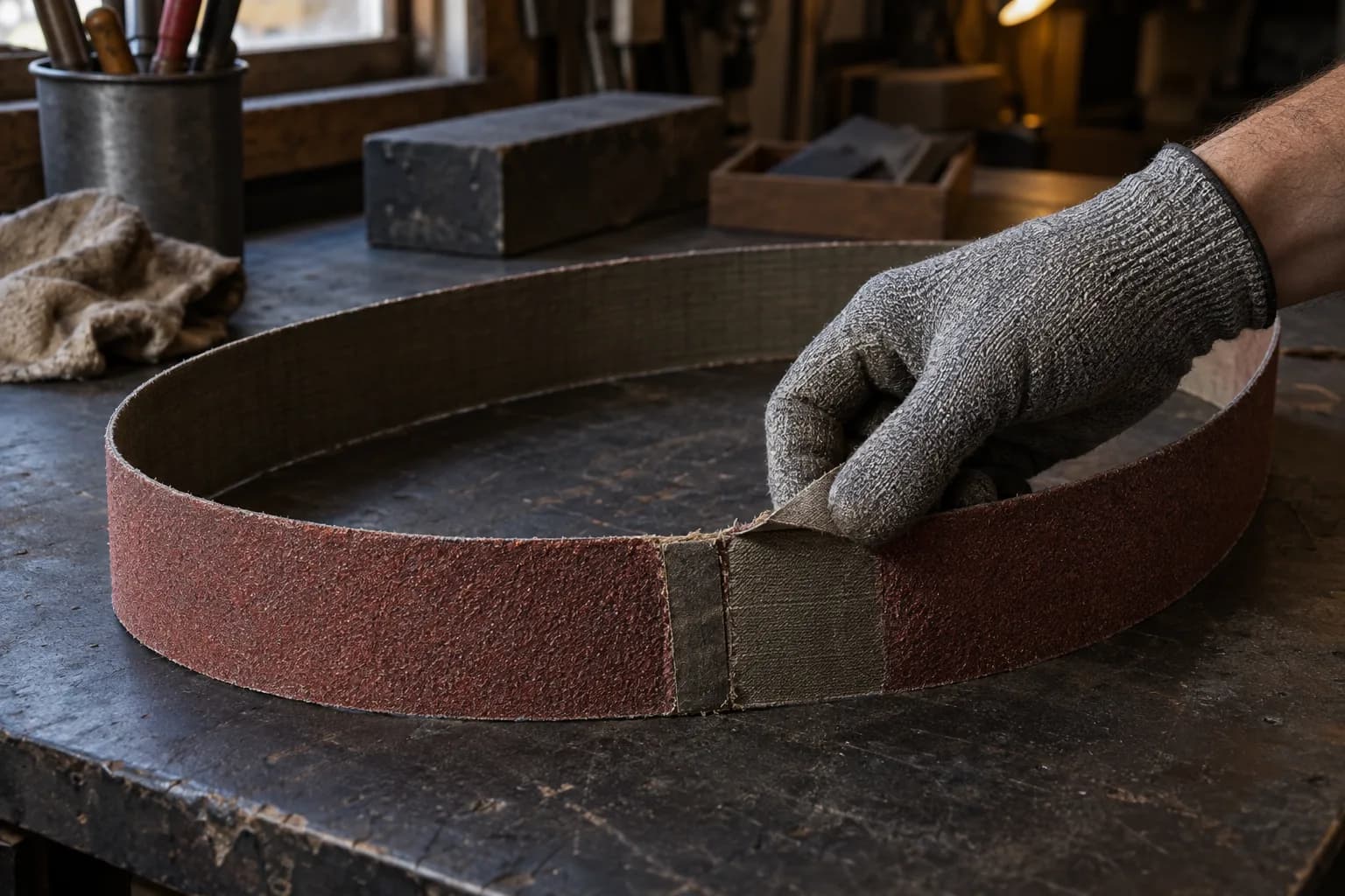Gloved hand lifting the frayed, peeling splice of a detached red abrasive belt lying in a loop on a workbench.
