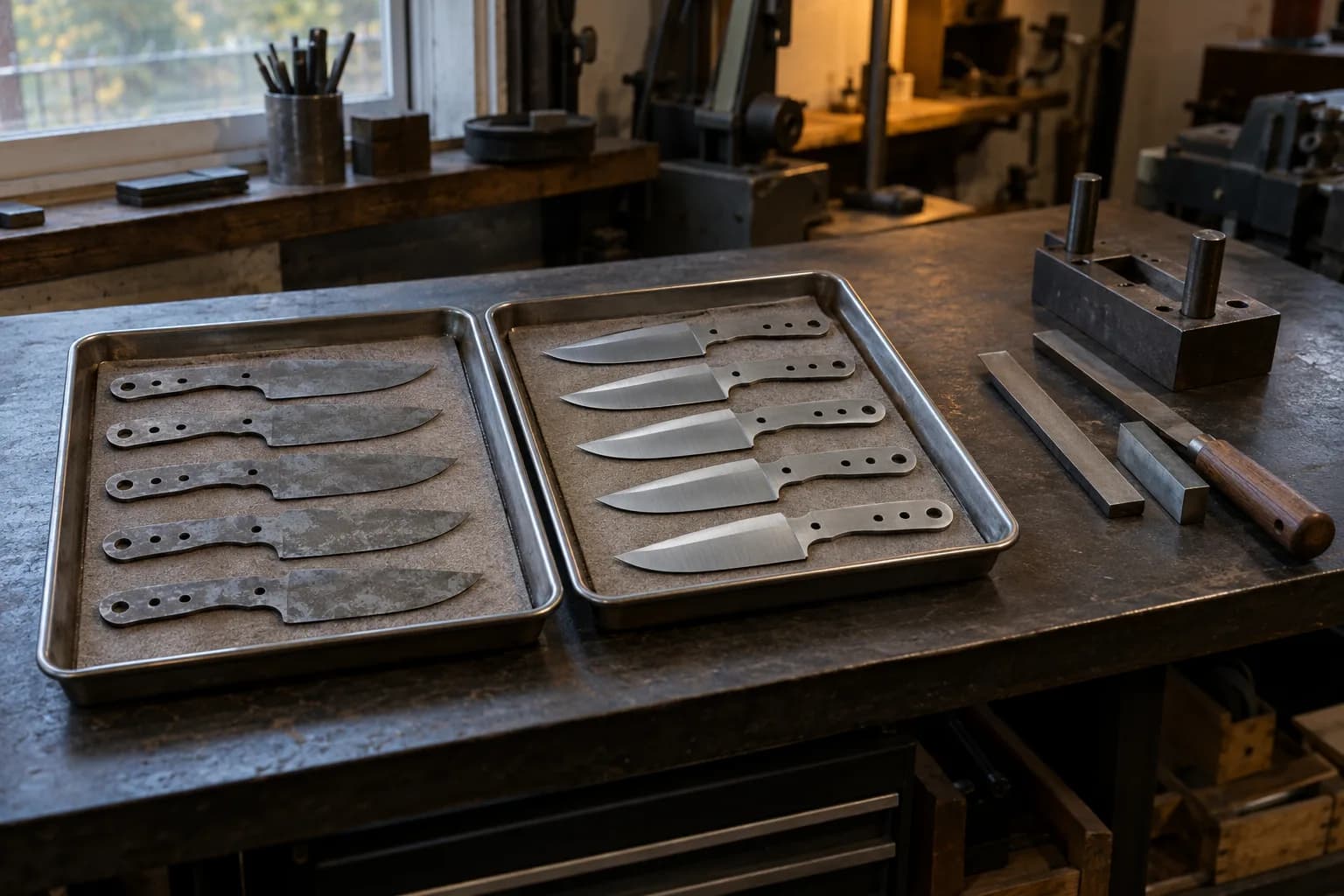 Two steel trays of knife blanks, rough unground blanks on the left and bevel-ground blanks on the right, beside a fixture and file.