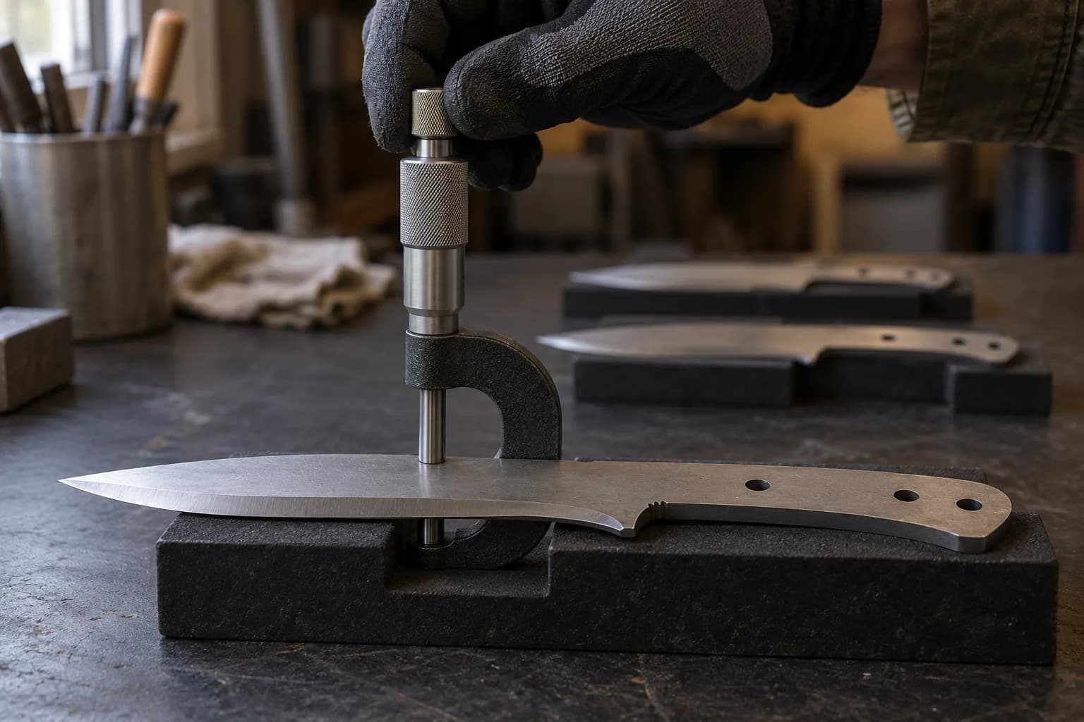 Gloved hand turns a micrometer ratchet on a flat knife blank resting on a pad, with two more blanks waiting behind.