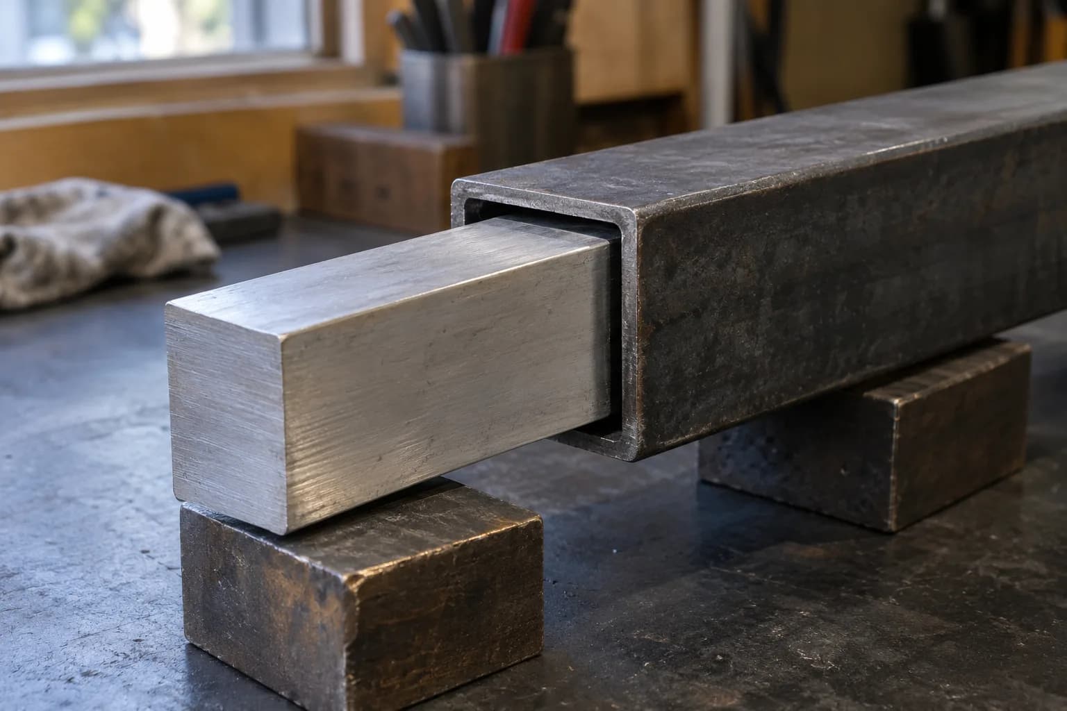 Bright square aluminum bar sliding into a square steel tube, both resting on steel blocks, with a visible gap and wall thickness