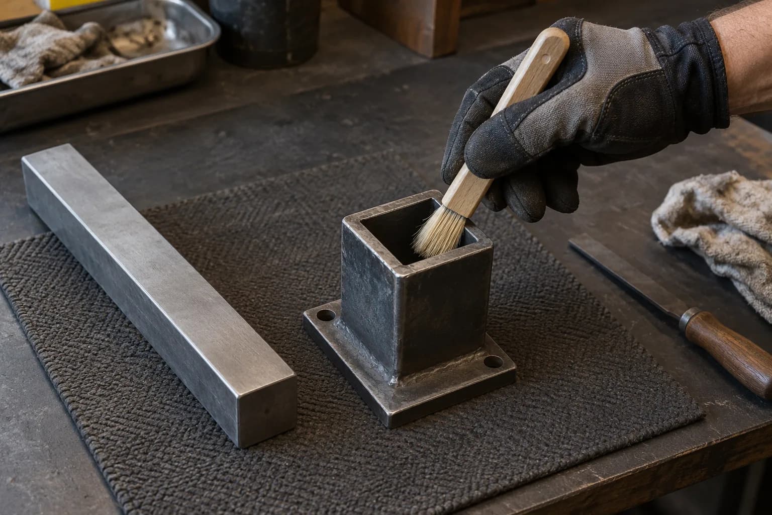 Gloved hand brushing the mouth of a square steel receiver on a flanged base, beside a square bar resting on a bench mat.