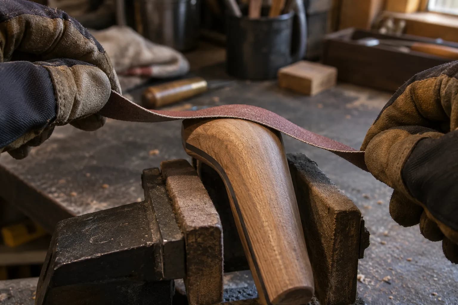 Gloved hands bend a strip of abrasive cloth over a rounded oak handle clamped in wood-faced bench vise jaws.
