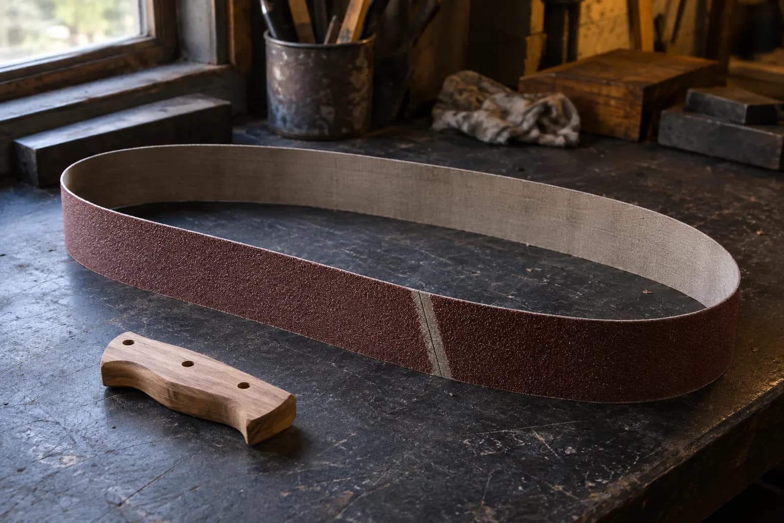 Long abrasive belt loop standing on edge on a dark bench, splice visible, with a wooden handle blank beside it.