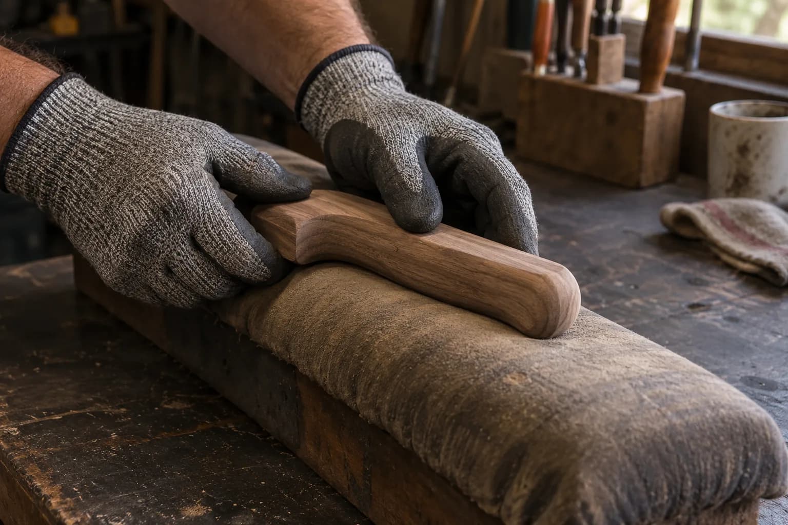 Gloved hands guide a rounded walnut handle blank along a cloth-padded bench support in a dry run.