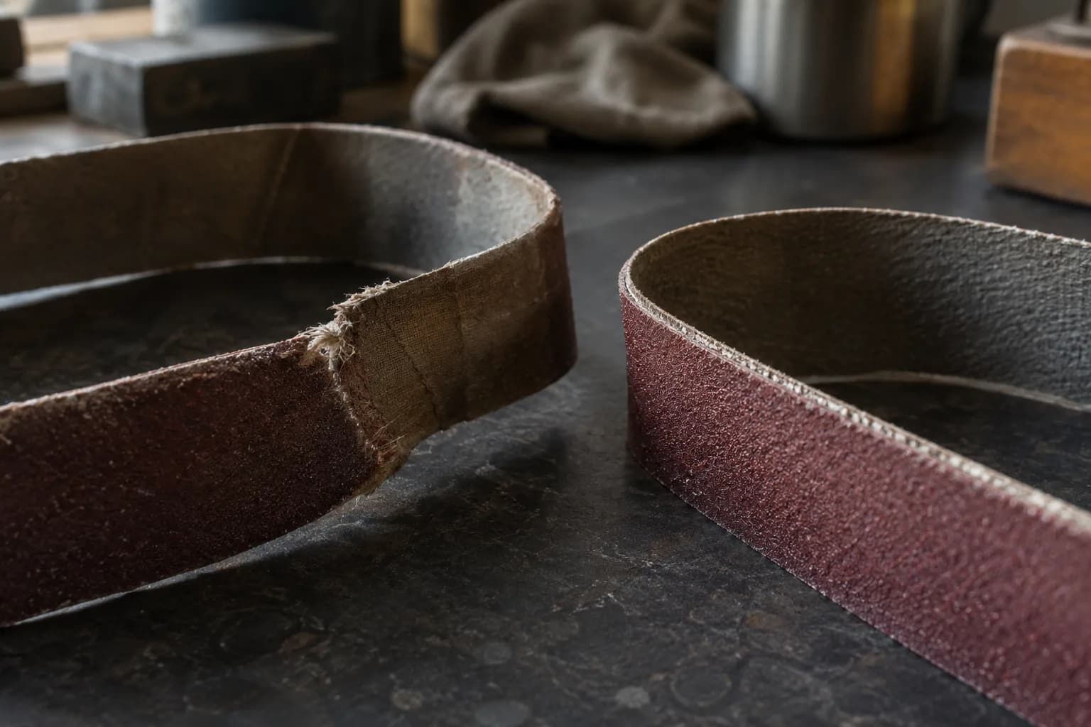 Close view of a frayed, cracked abrasive belt beside an intact belt with even coating on a dark bench.