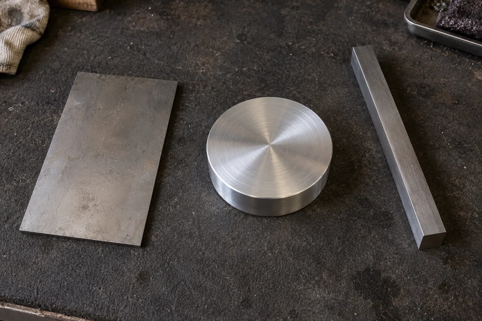 Flat steel plate, turned aluminum disc and square steel bar laid apart on a dark padded bench.
