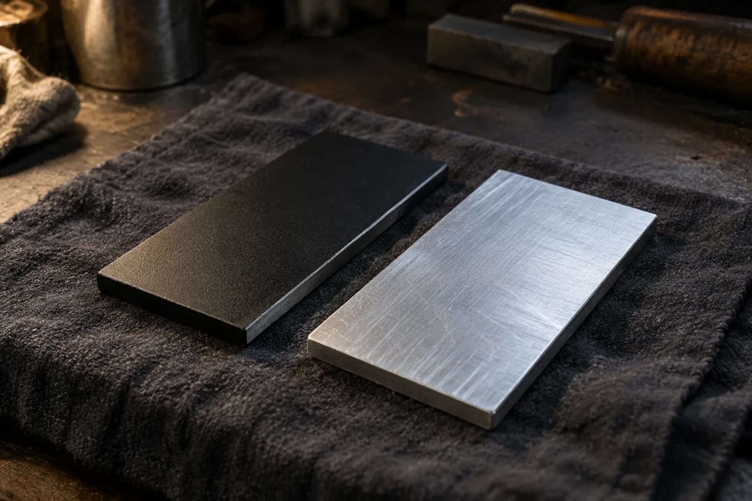 Black powder-coated steel plate sample beside a bare aluminum plate sample on a charcoal cloth pad.