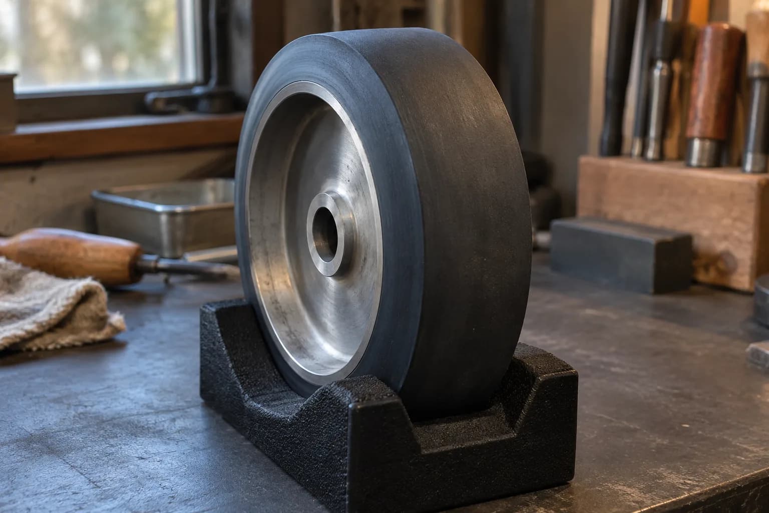 Rubber-faced contact wheel with a machined steel hub standing in a black textured cradle on a shop bench.