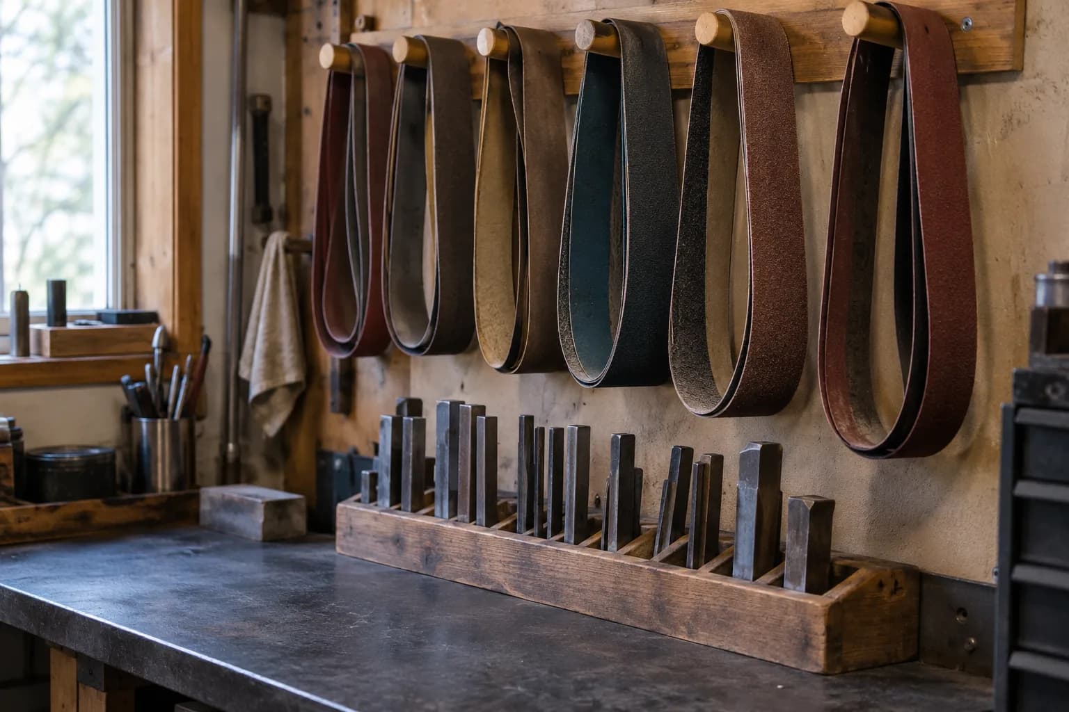 Abrasive belt loops hanging on wooden pegs above a wooden rack holding upright square steel bars, with clear bench in front.