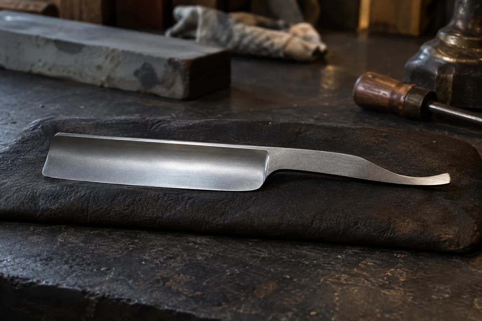 Bare hollow-ground straight-razor blank with concave face and integral shank lying on a dark leather pad
