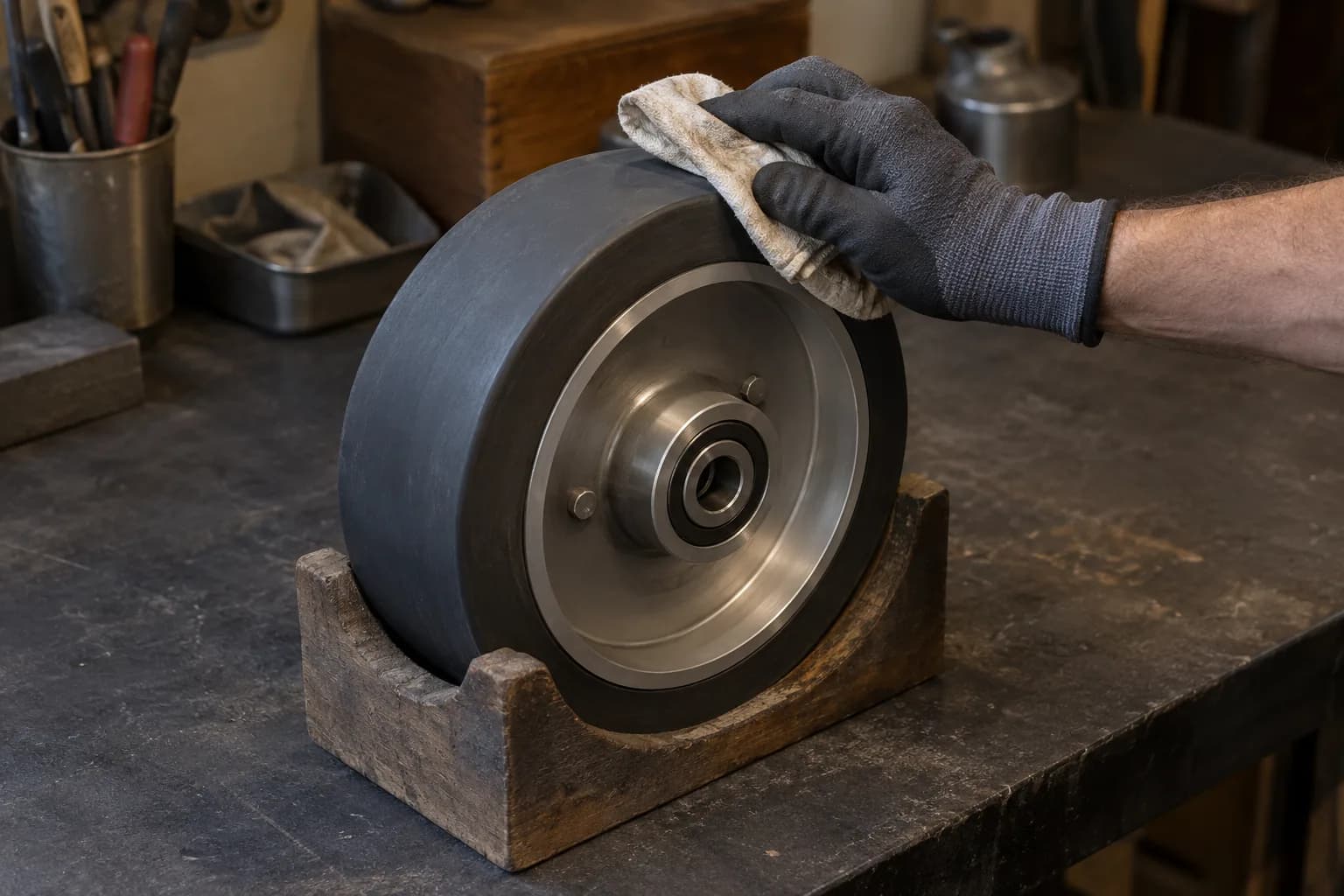 Gloved hand wiping the rubber rim of a detached contact wheel resting in a wooden bench cradle