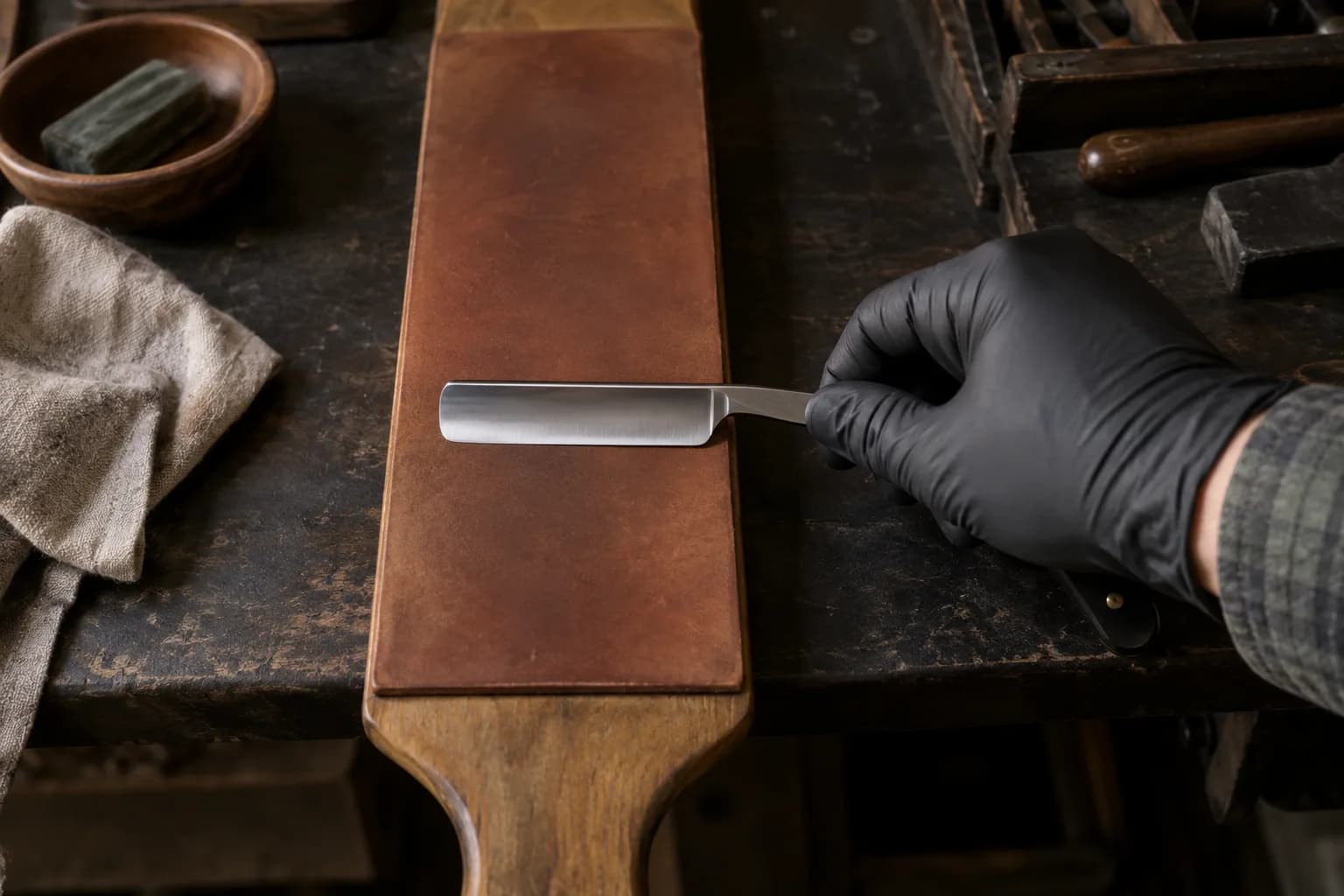 Straight razor lying flat across a leather bench strop, held by its shank in a black-gloved hand, with a wax block nearby.