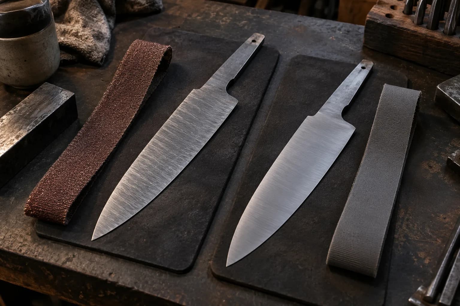 Two cold chef-knife blanks on dark pads, one with coarse scratches beside a brown abrasive belt, one smoother beside a gray belt.