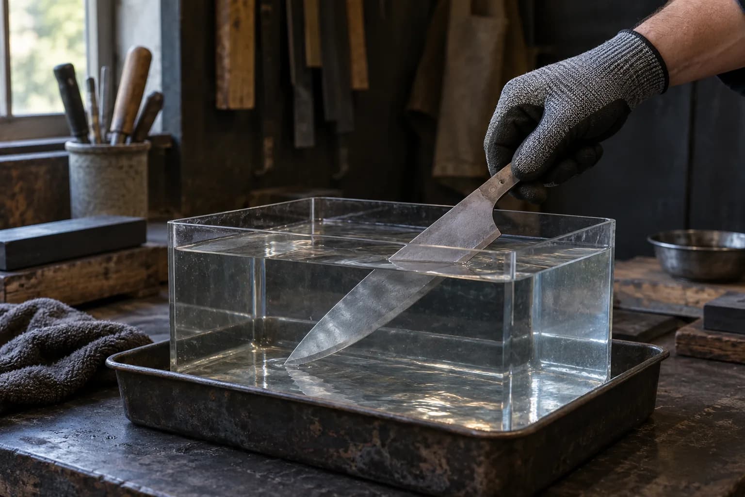 Gloved hand lowering a gray chef-knife blank by its tang, point first, into a clear water tank sitting in a metal tray.