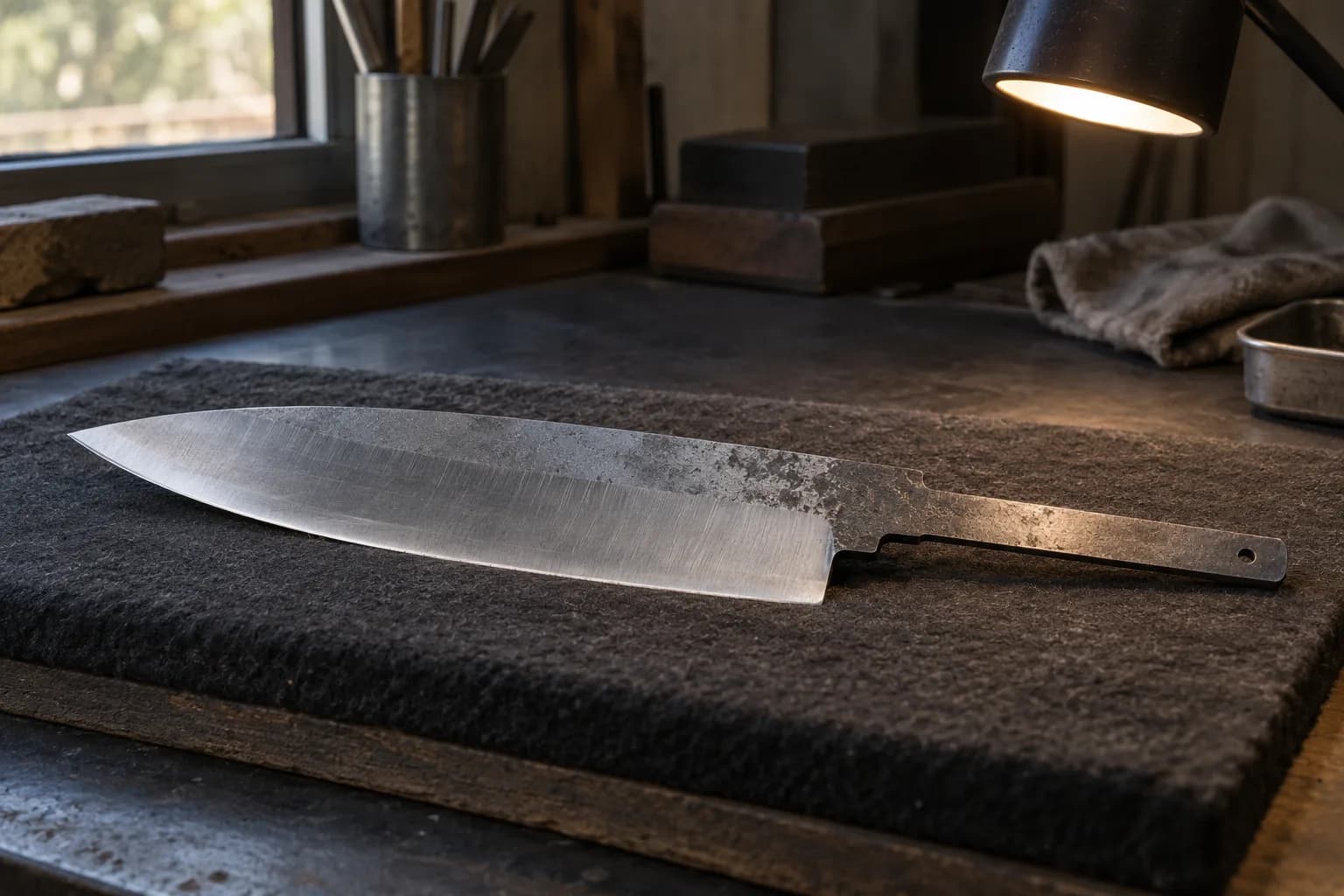 Unfinished chef-knife blank with a smooth curved belly lying on a dark felt pad under a small task lamp.