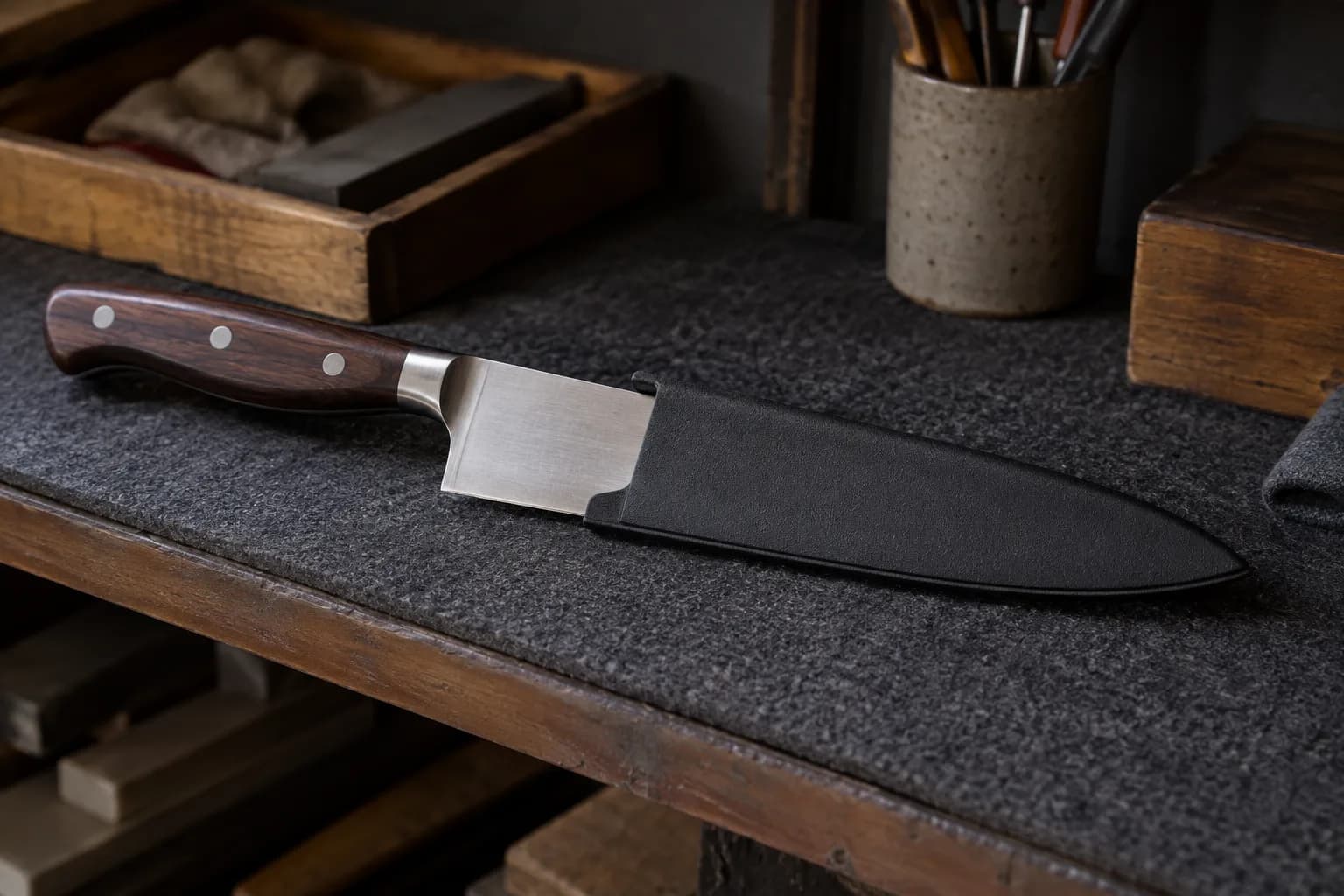 Finished chef knife with a rosewood riveted handle, blade partly slid into a black rigid edge guard on a padded shelf.