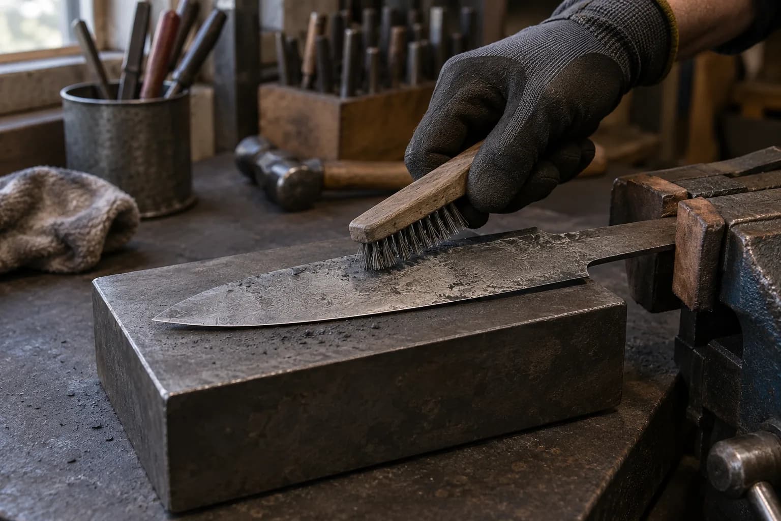 Gloved hand brushing scale off a cold pattern-welded knife blank resting on a steel block, tang held in a wood-lined vise.