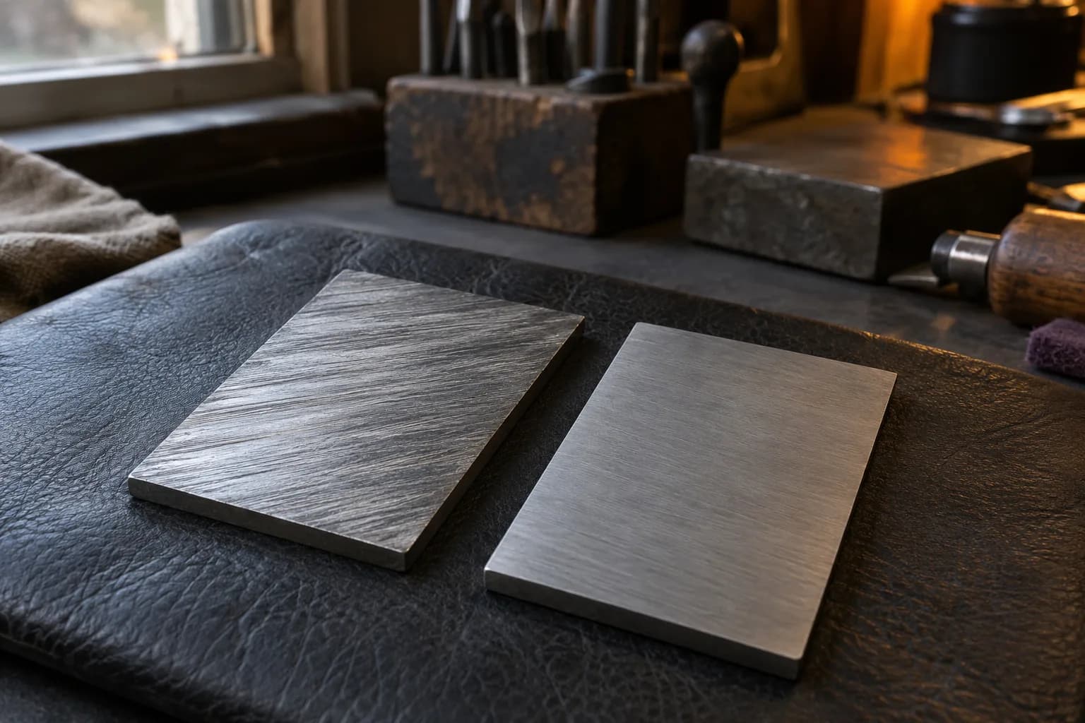 Two unetched steel coupons on a black leather pad, the left with coarse diagonal scratches, the right with a fine satin finish.