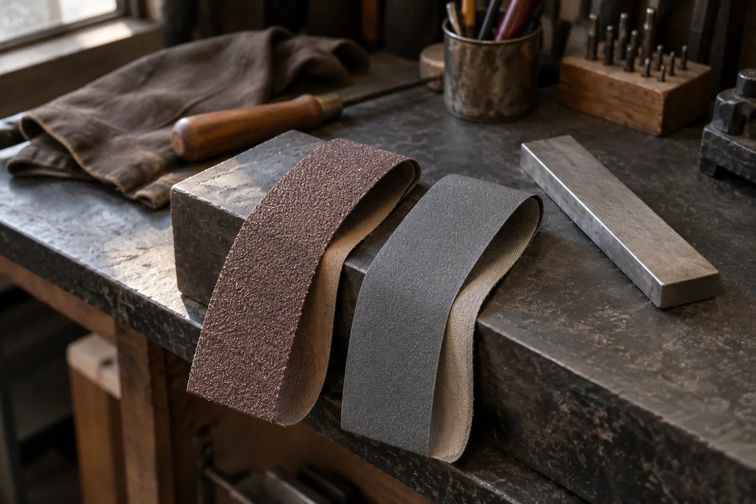 Coarse brown and fine gray abrasive strips folded over a steel bench block beside a blunt steel bar