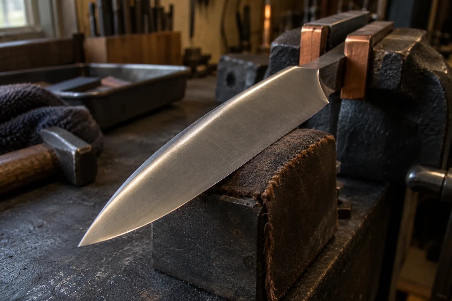 Plain knife blank gripped by its tang in copper-padded vise jaws, blade resting on a felt block, bright line along the spine