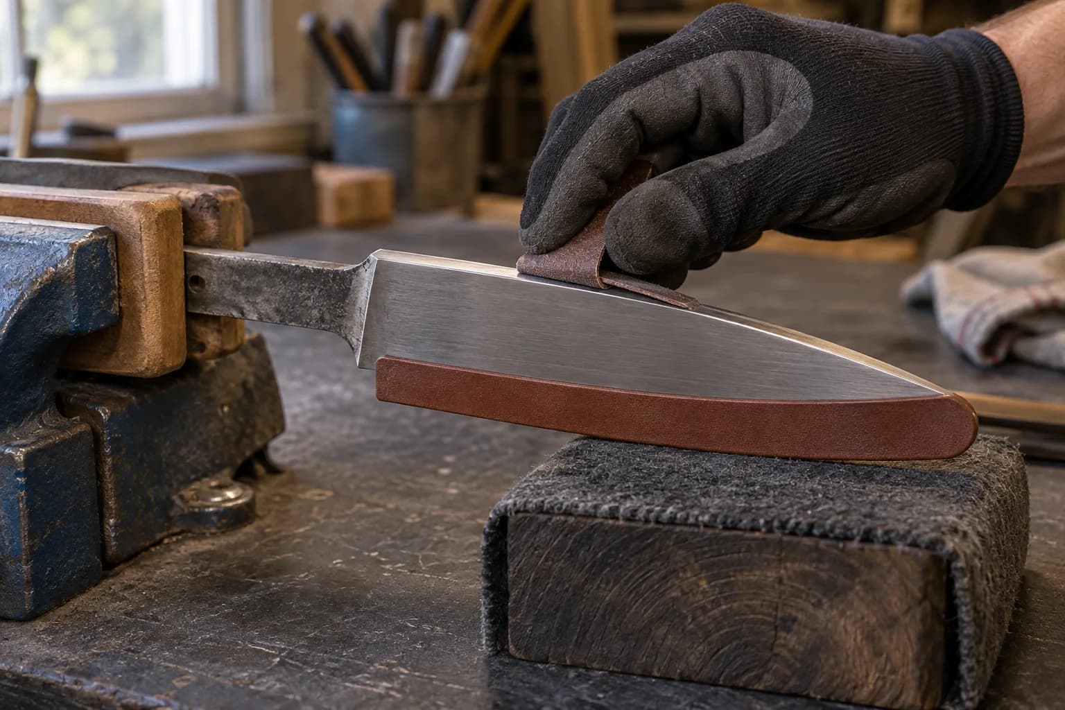 Gloved hand pinching a strip of fine abrasive over the spine of a knife blank held in padded vise jaws
