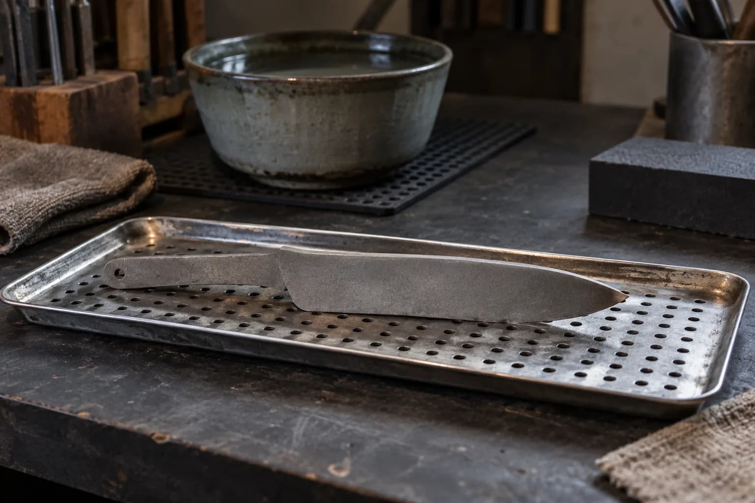 Gray knife blank lying on a perforated metal tray beside a ceramic bowl of water on a drip mat