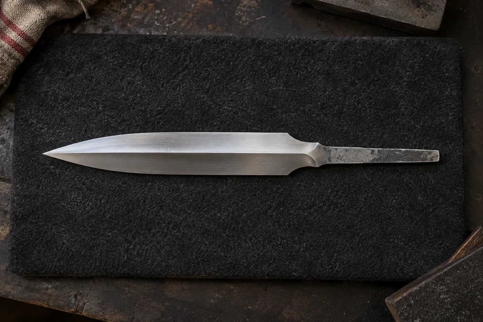 Overhead view of a plain double-edged dagger blade blank with a central ridge and flat tang, lying on a charcoal felt pad.