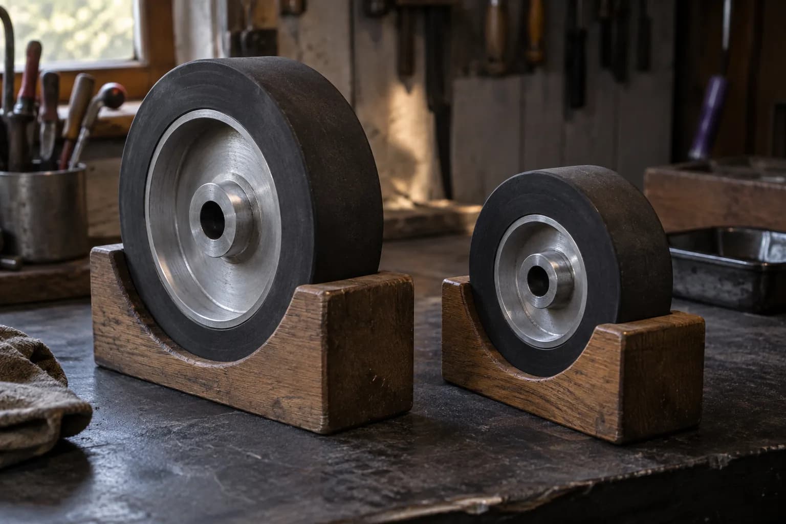 Two rubber contact wheels, one large and one small, each resting upright in its own curved oak cradle on a dark bench.