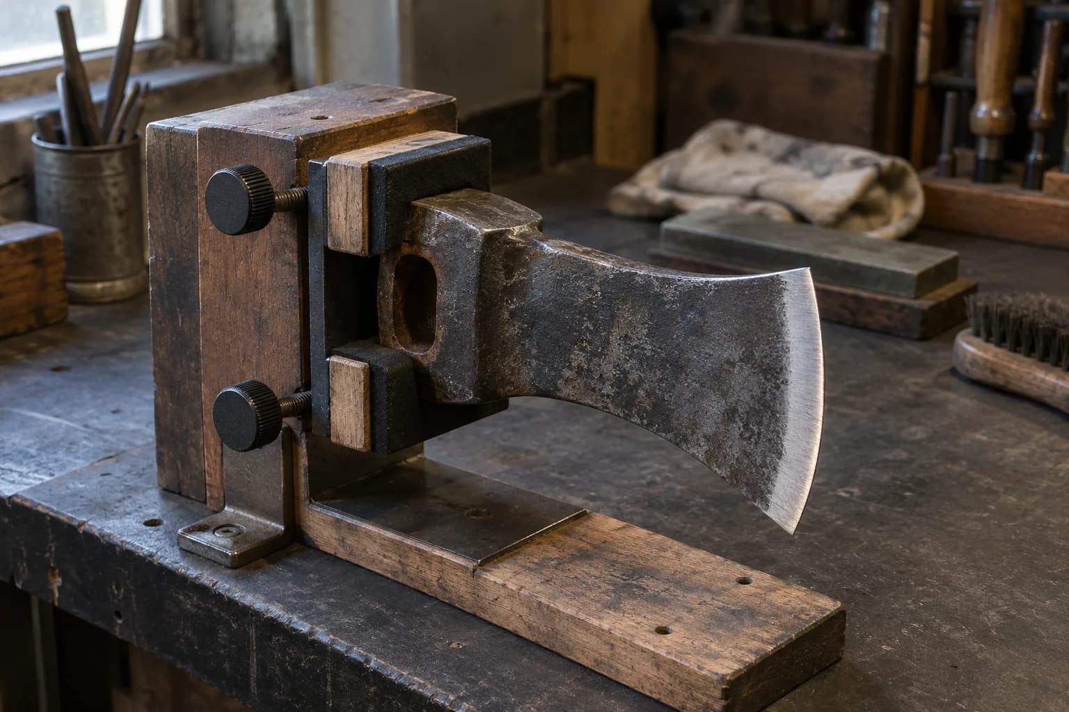Unhandled axe head clamped by its poll in a padded wooden bench fixture, bit clear on the right.