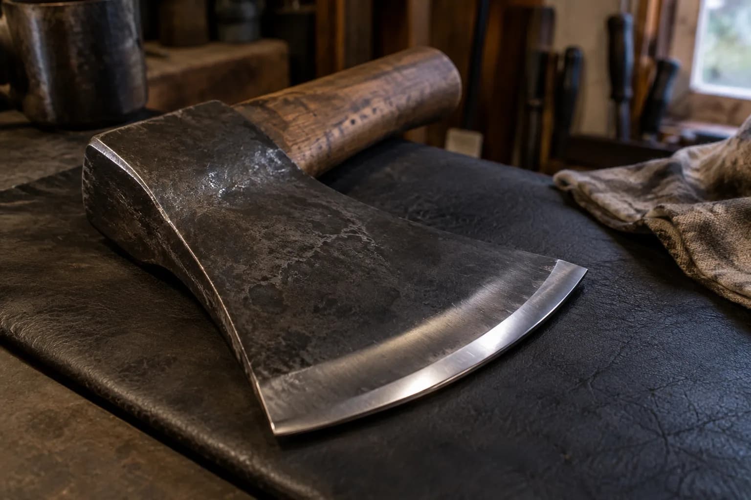 Axe head lying on its cheek on a black leather pad, showing a polished ground band and a narrow bright edge bevel.