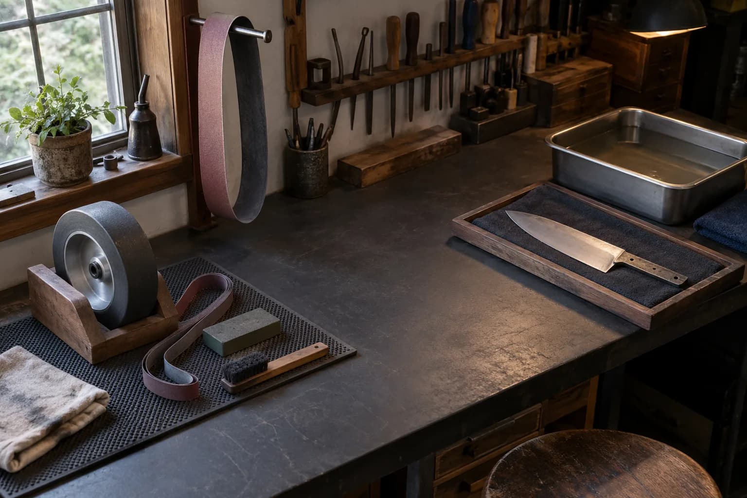 Bench with a contact wheel in a wooden cradle and spare belt on a mat, and a chef knife blank on a tray beside a water pan.