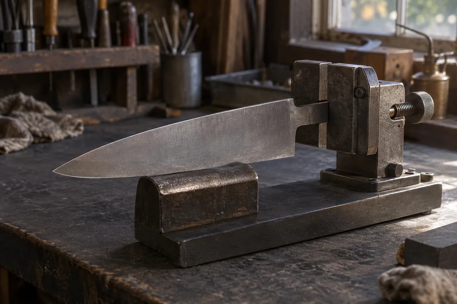 Chef-knife blank clamped by its tang in a heavy bench fixture, its blade resting on a block saddle on a dark workbench.