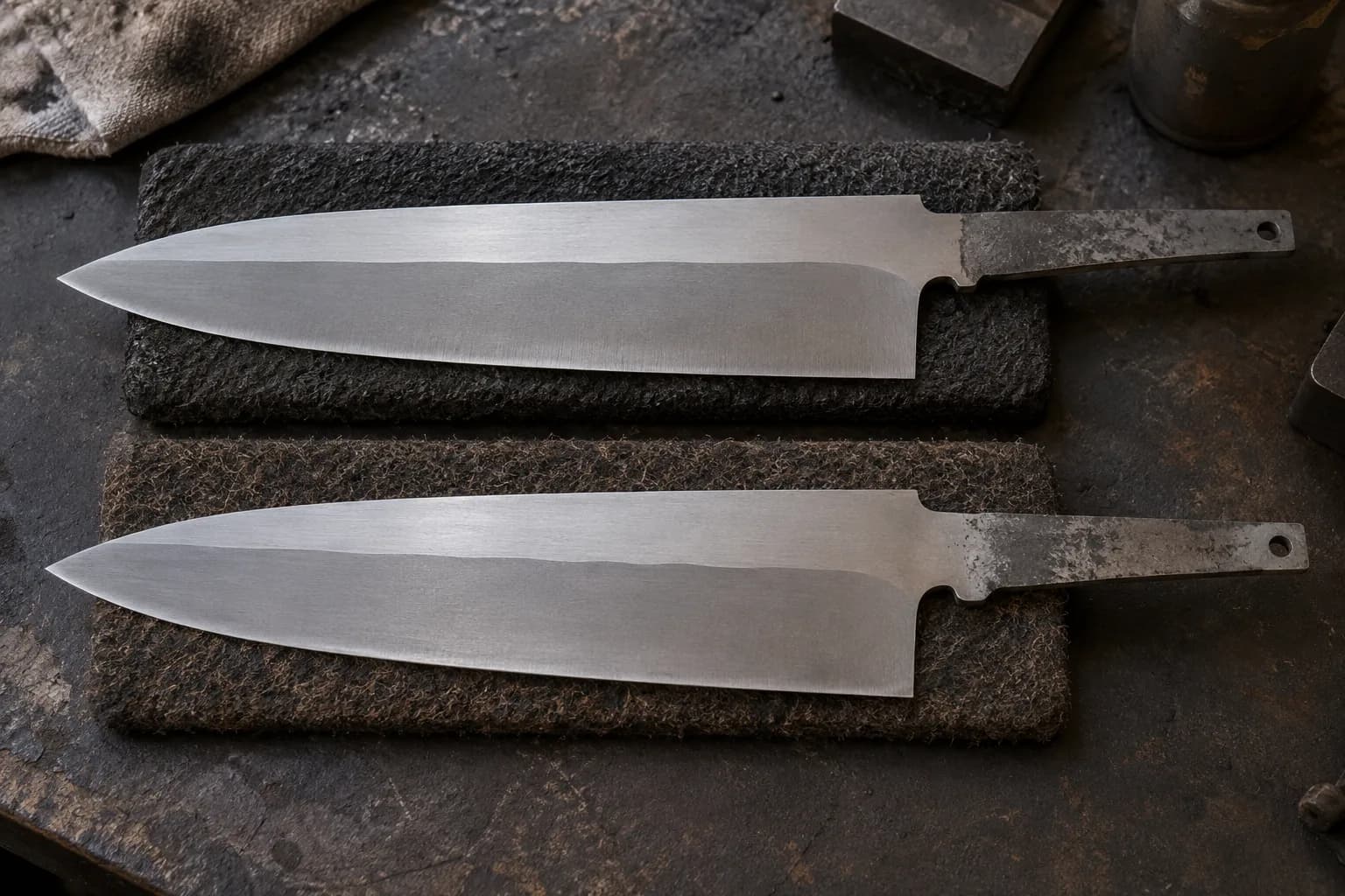 Two kitchen blade blanks on felt pads: the upper has a smooth grind line, the lower a wavy, uneven grind line.