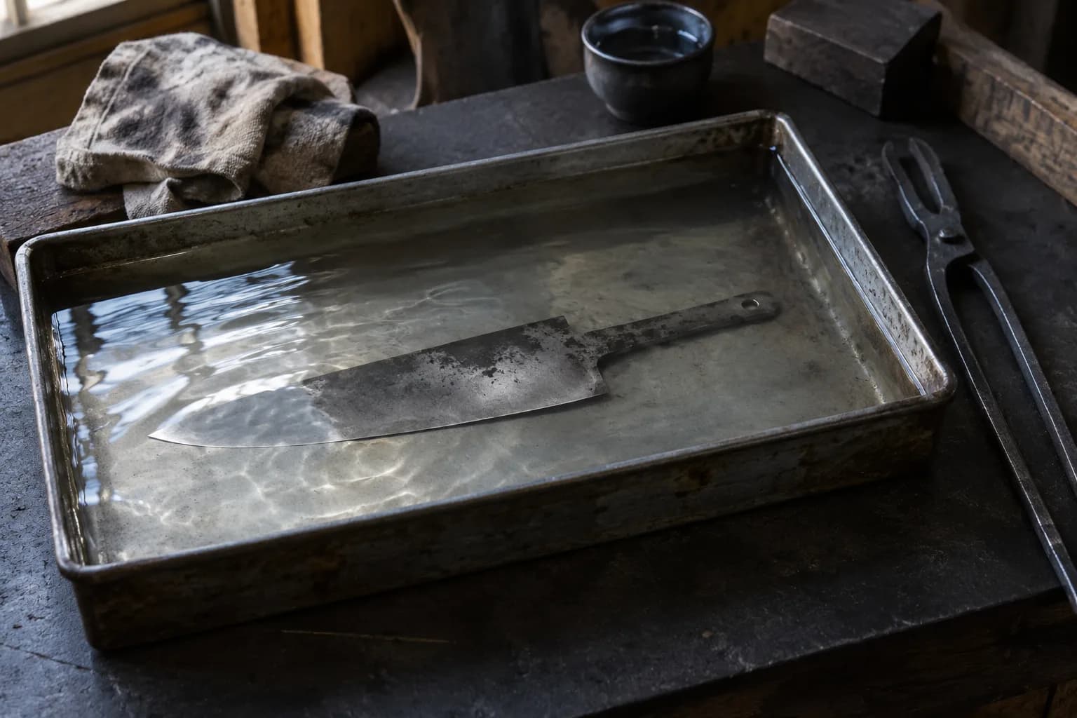 Thin chef-knife blank lying under clear rippling water in a shallow steel tray, with tongs resting dry beside it.