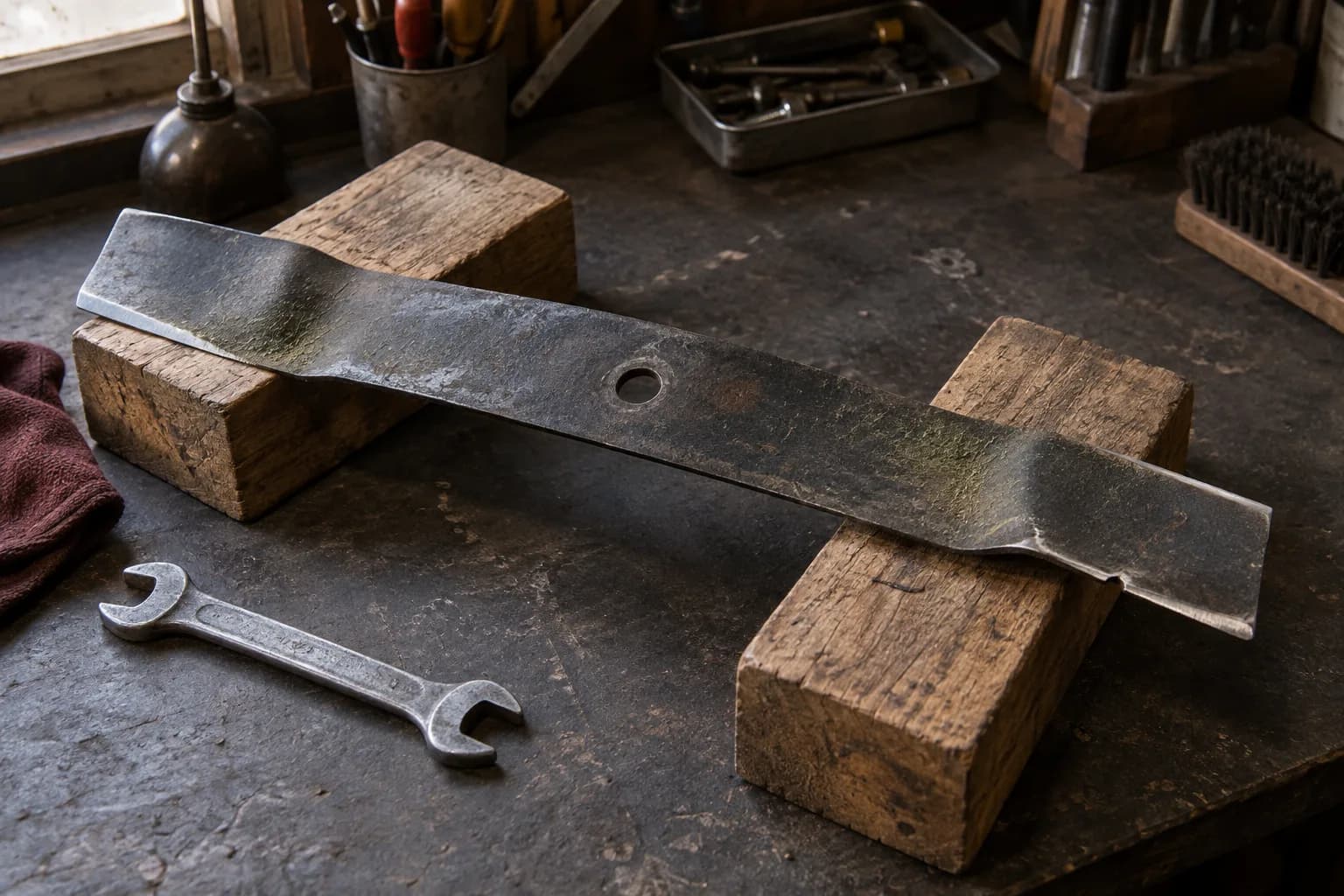 Removed rotary mower blade resting across two wooden blocks on a dark bench, with a wrench beside it and a small nick near one end.