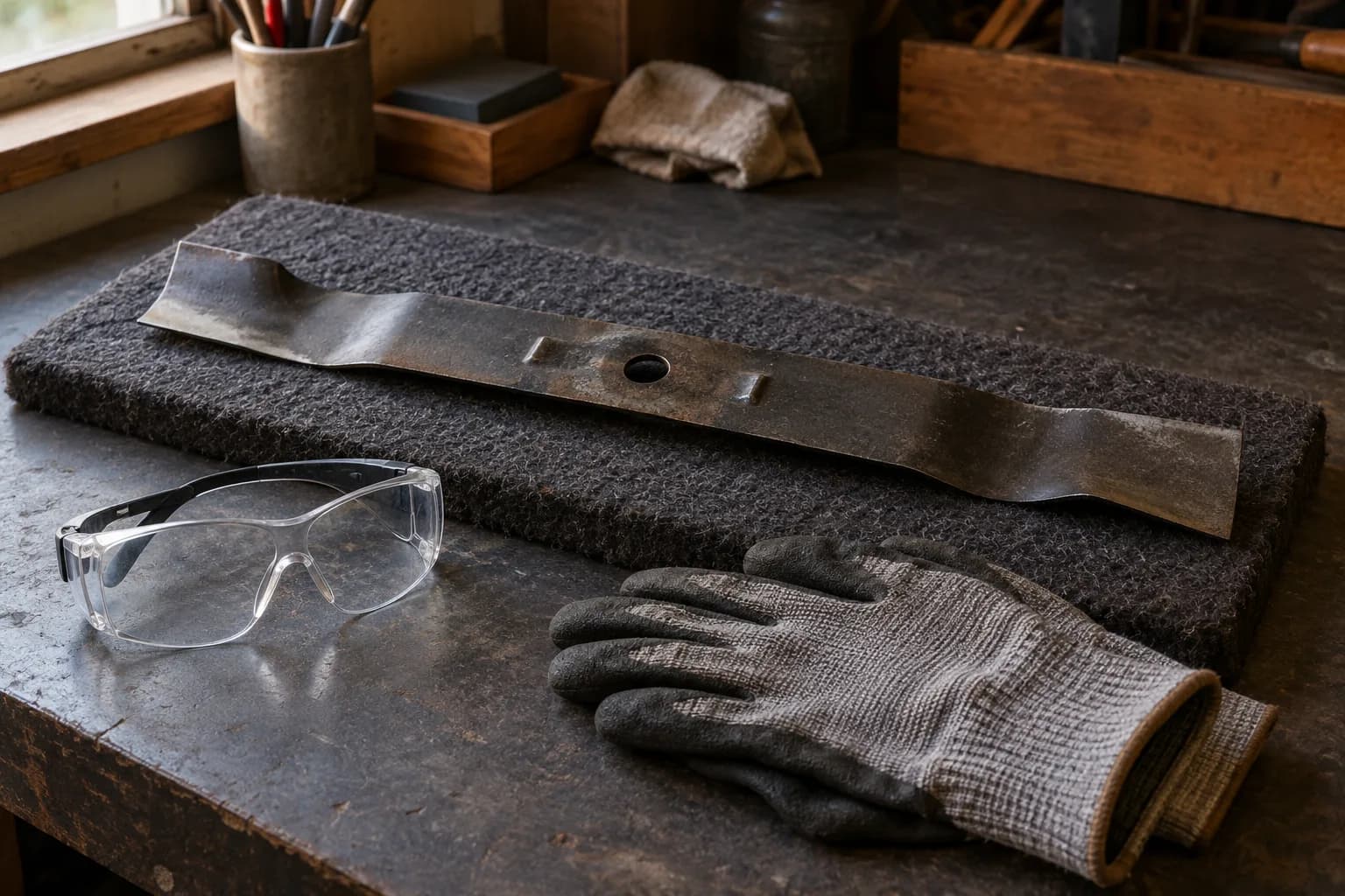 Clear safety goggles and a single knit work glove on a dark bench beside a mower blade lying on a thick pad.