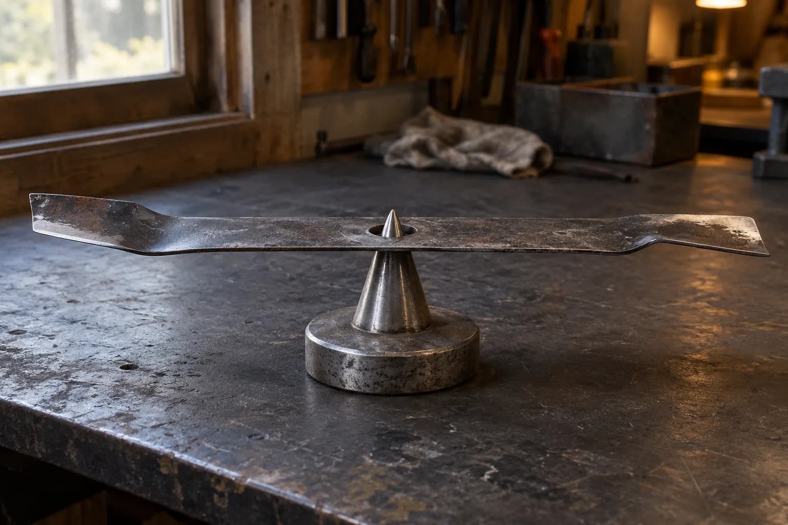 Removed mower blade resting by its center hole on a plain steel cone balancer on a dark workbench, both ends hanging free.