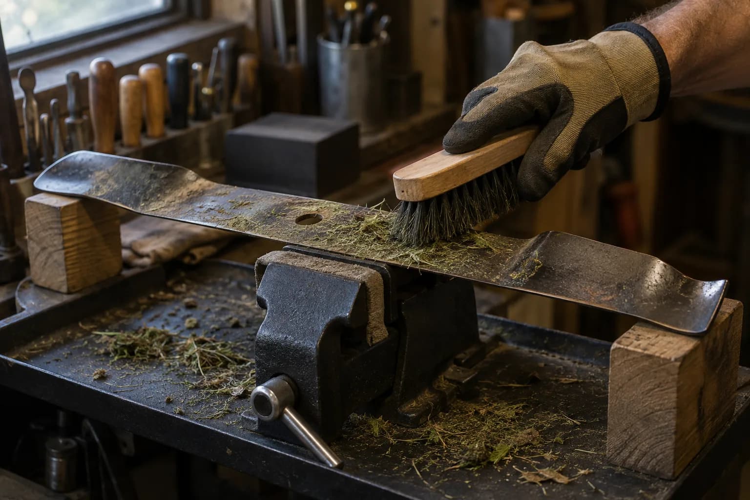 Gloved hand brushing dried grass from a mower blade supported on a bench vise and wooden blocks above a debris tray.