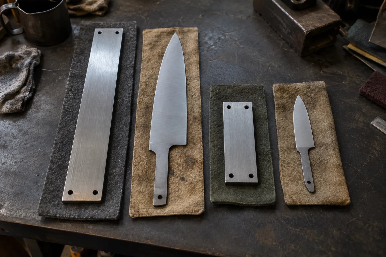 Long and short flat steel plates with corner holes, each beside a chef-knife blank or a small utility blank on felt pads.