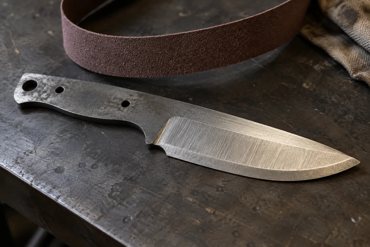 Profiled knife blank with drilled tang holes and coarse scratched bevels on a dark steel bench, sanding belt behind.