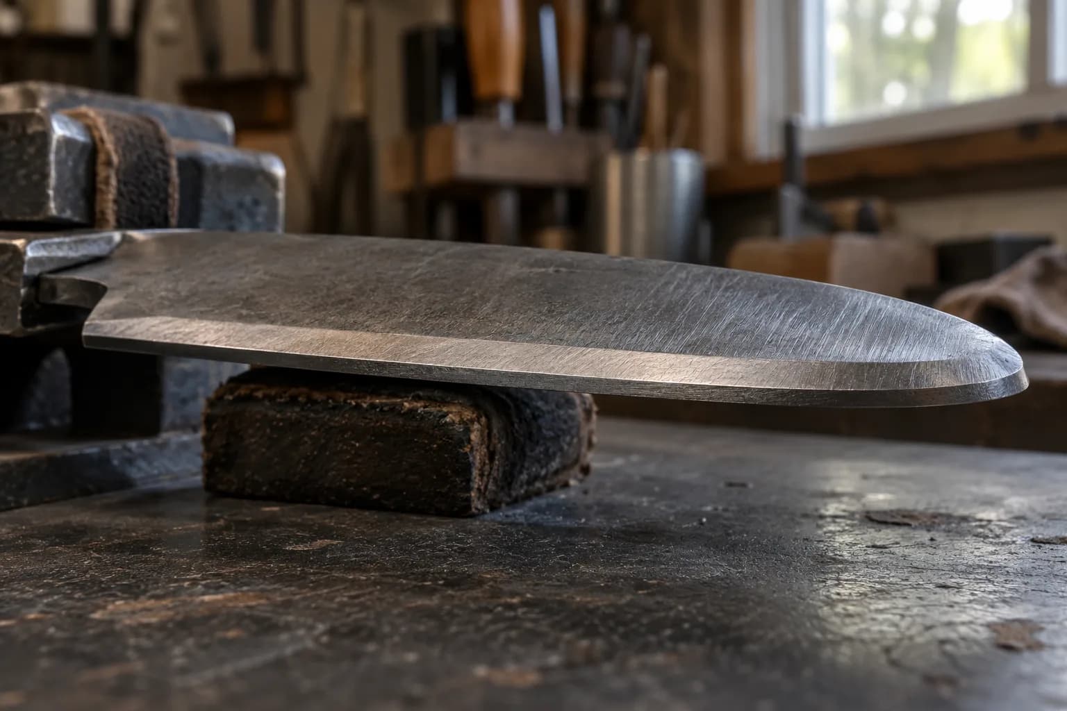 Low close view of a rough-ground blade held by its tang in a padded vise, showing a flat blunt land along the edge