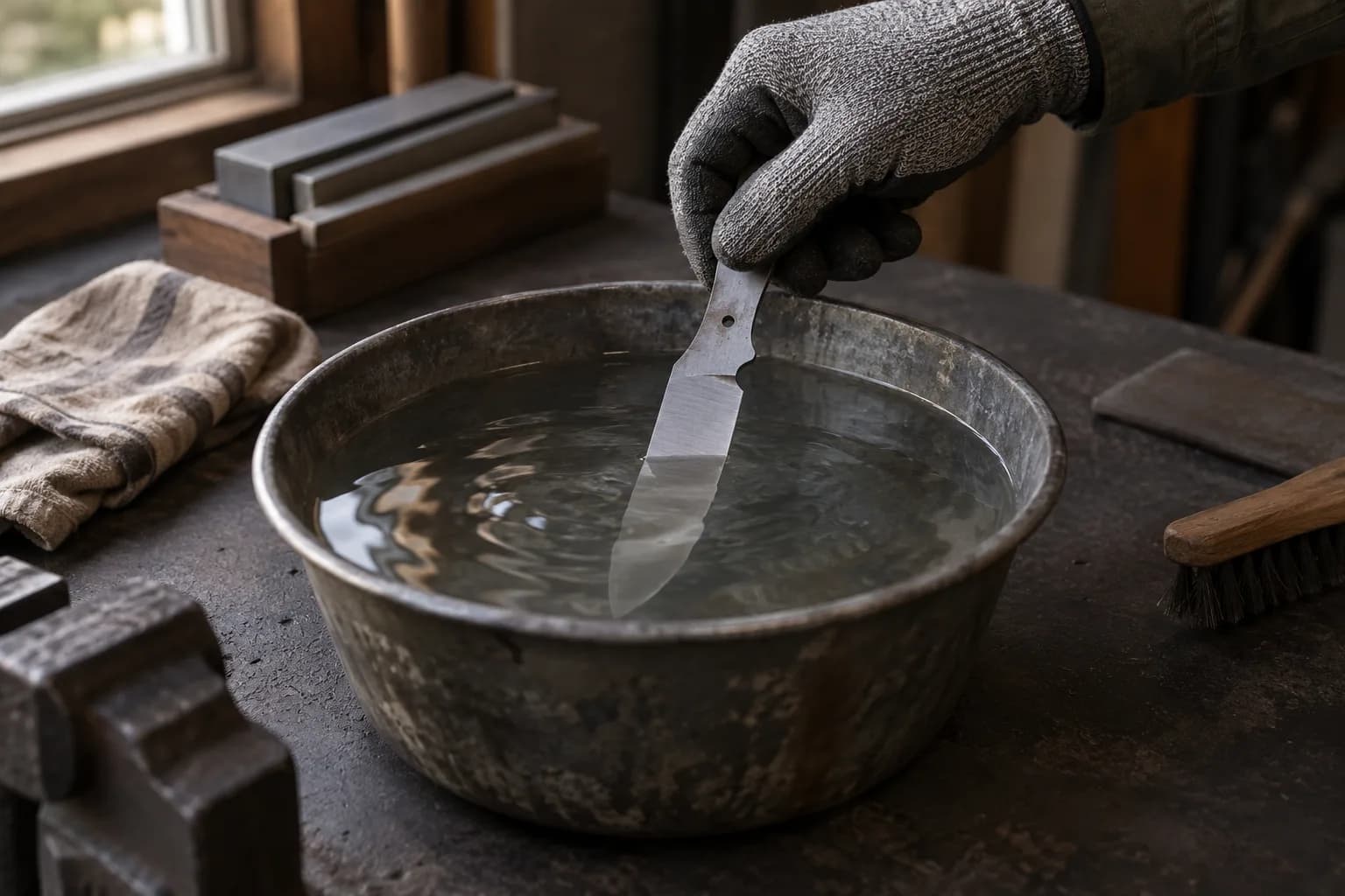 Gloved hand lowering a gray satin knife blank by its tang into a tub of water on a dark workbench.