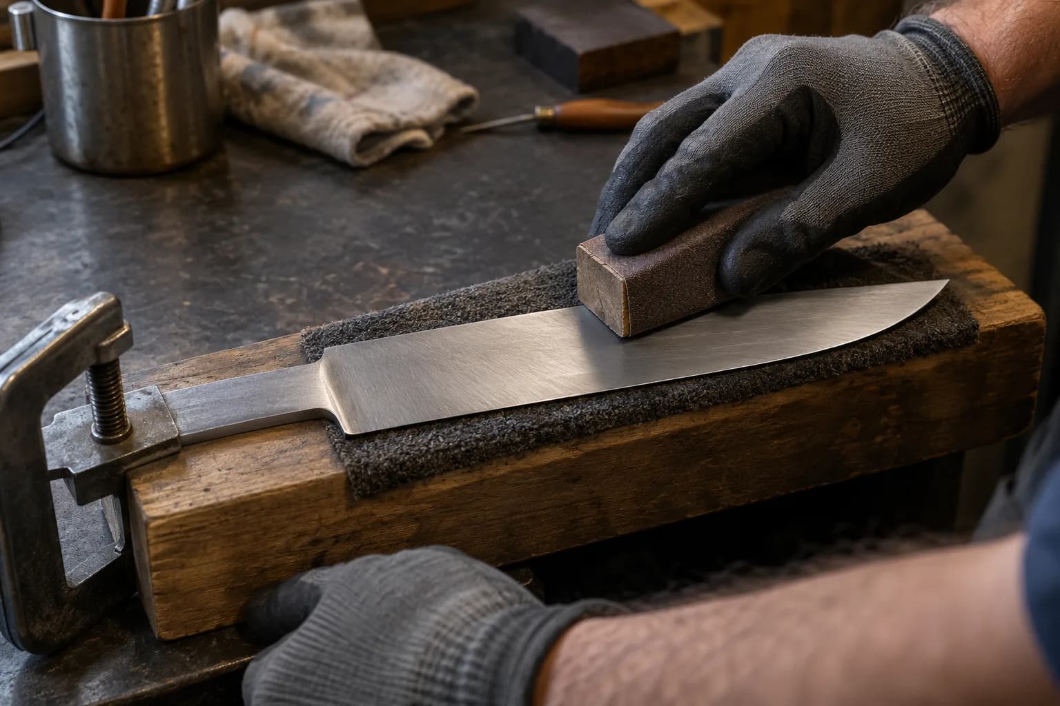 Gloved hand drawing an abrasive-wrapped sanding block along a satin knife blade clamped on a padded wooden support.