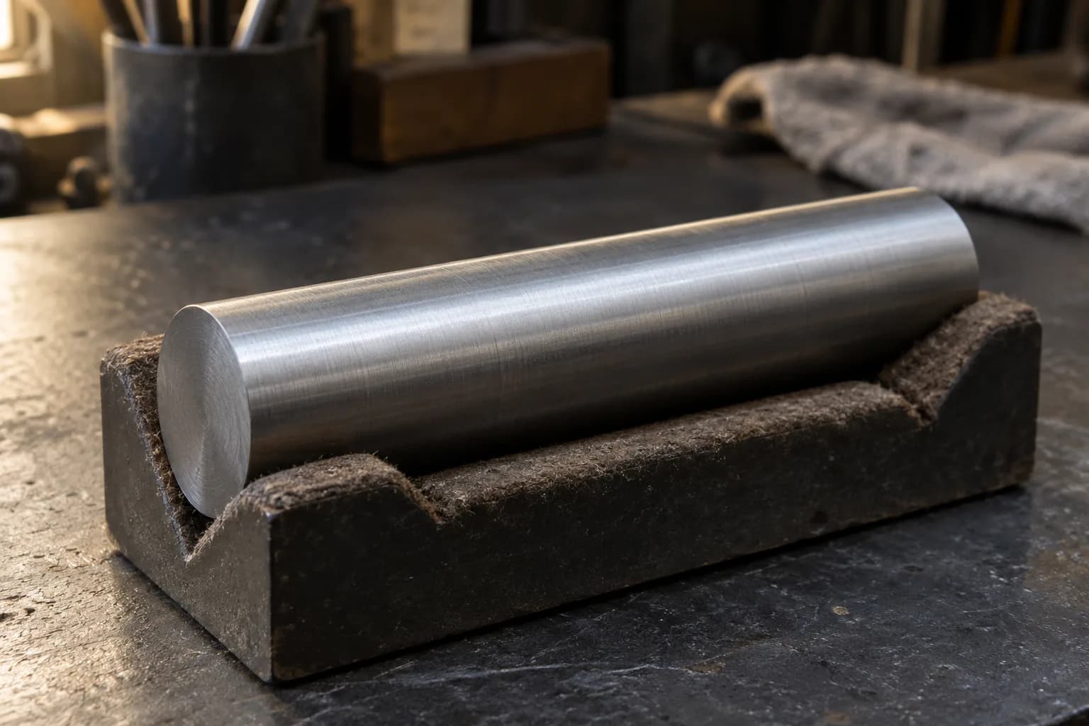 Ground steel punch bar resting in a padded V-block cradle on a dark bench, its satin finish catching side light.