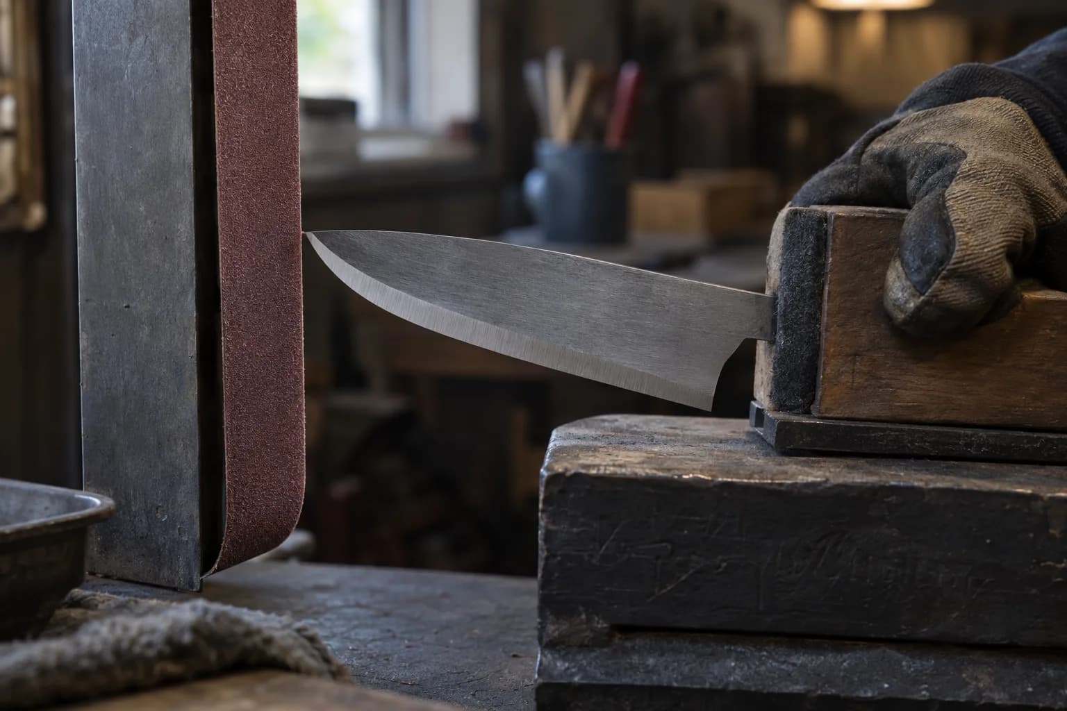 Gray kitchen knife blank held in a padded wooden guide by a gloved hand, its tip just clear of a stationary abrasive belt.